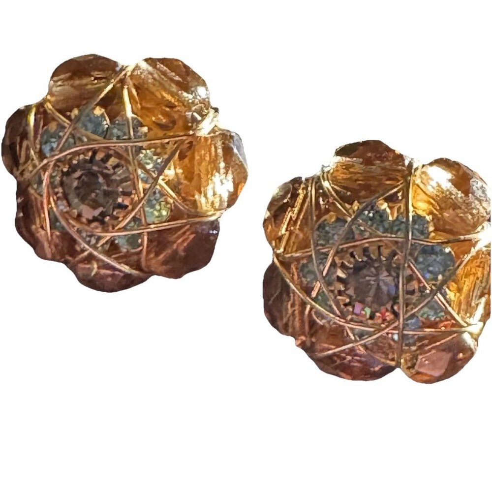 Vintage Anne Klein Button Earrings Topaz Glass Blue Rhinestone Wire Wrapped Clip